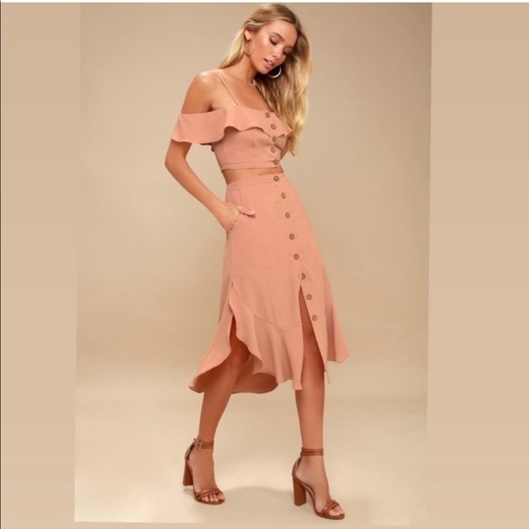 NEW LULUS Malta Mauve Pink Off-the-Shoulder Button-Up Two-Piece Dress Size Small
